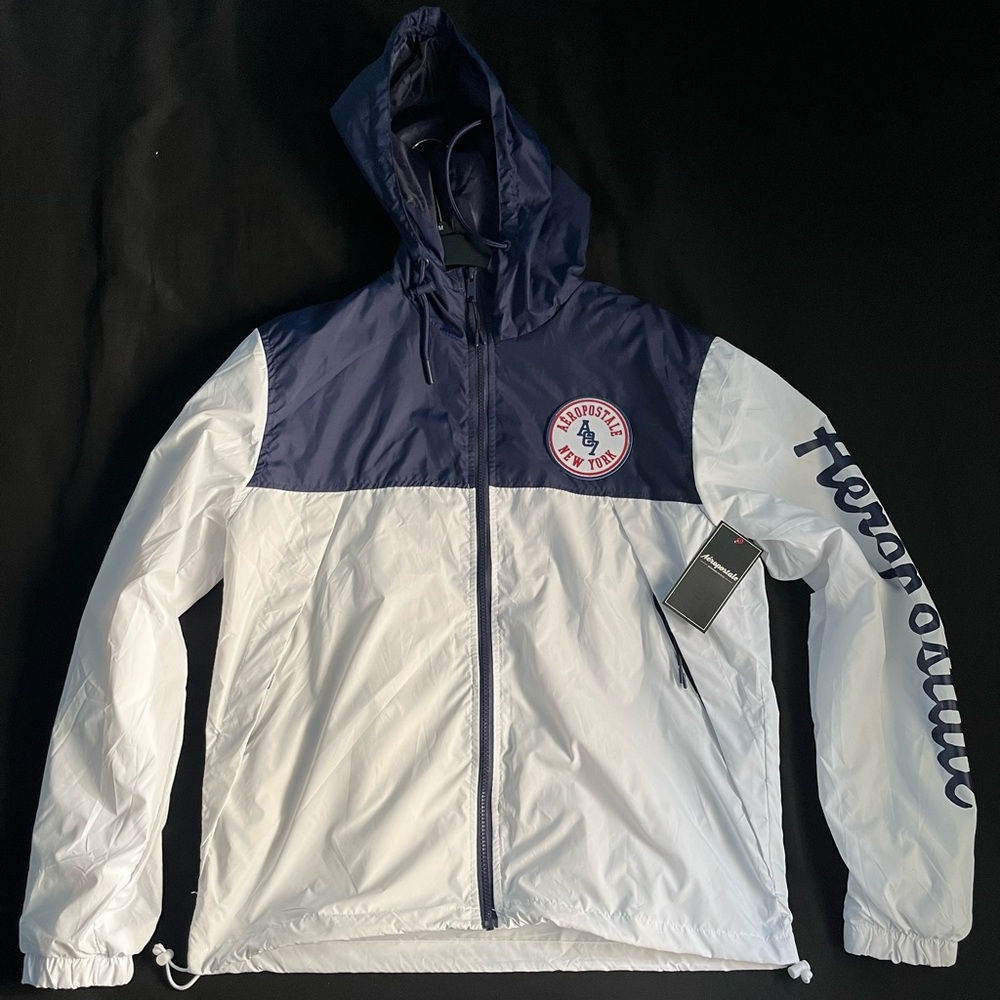 Aēropostale Men’s full zip hooded white/bluecrest windbreaker jacket